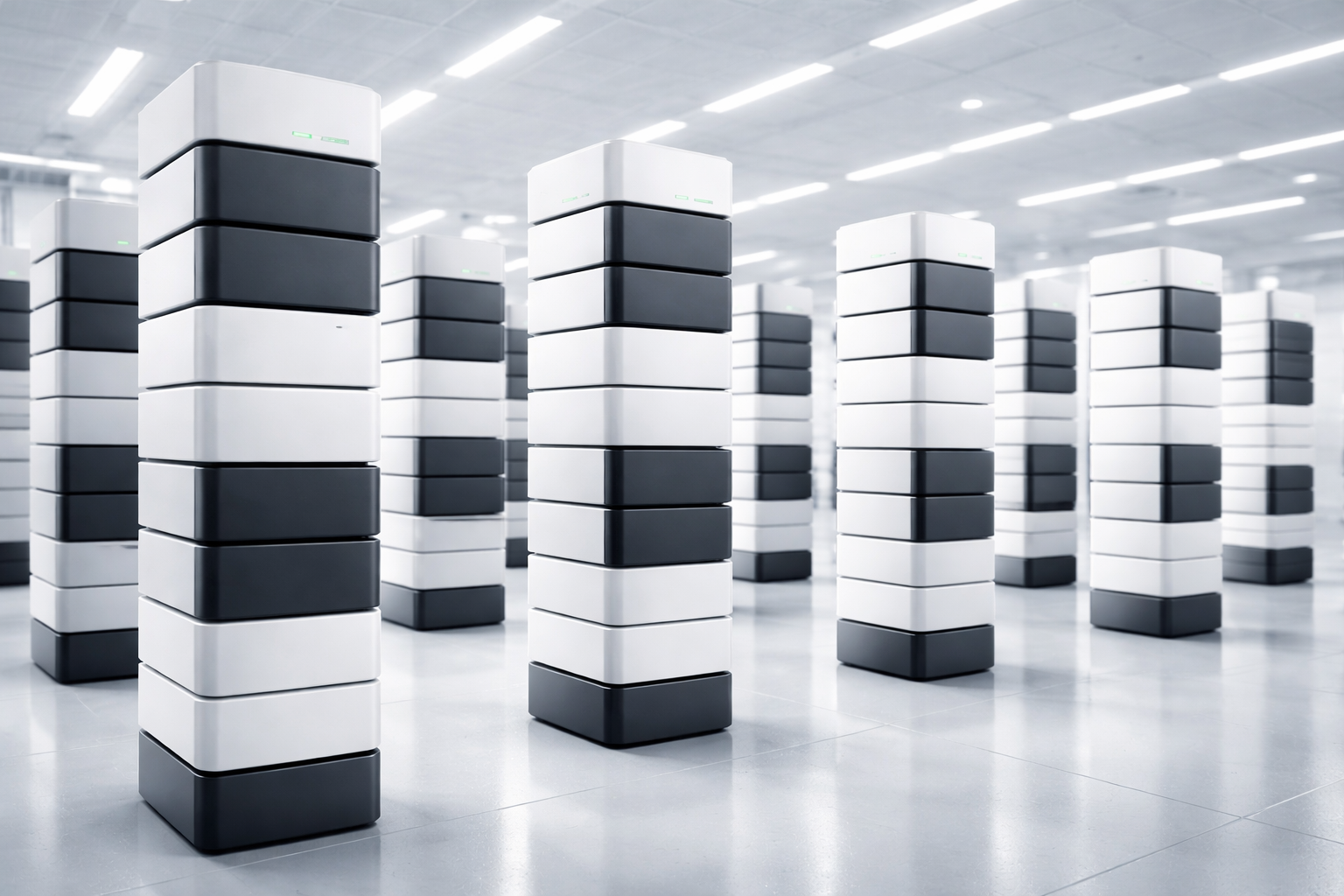 Towering stacks of battery packs arranged in columns