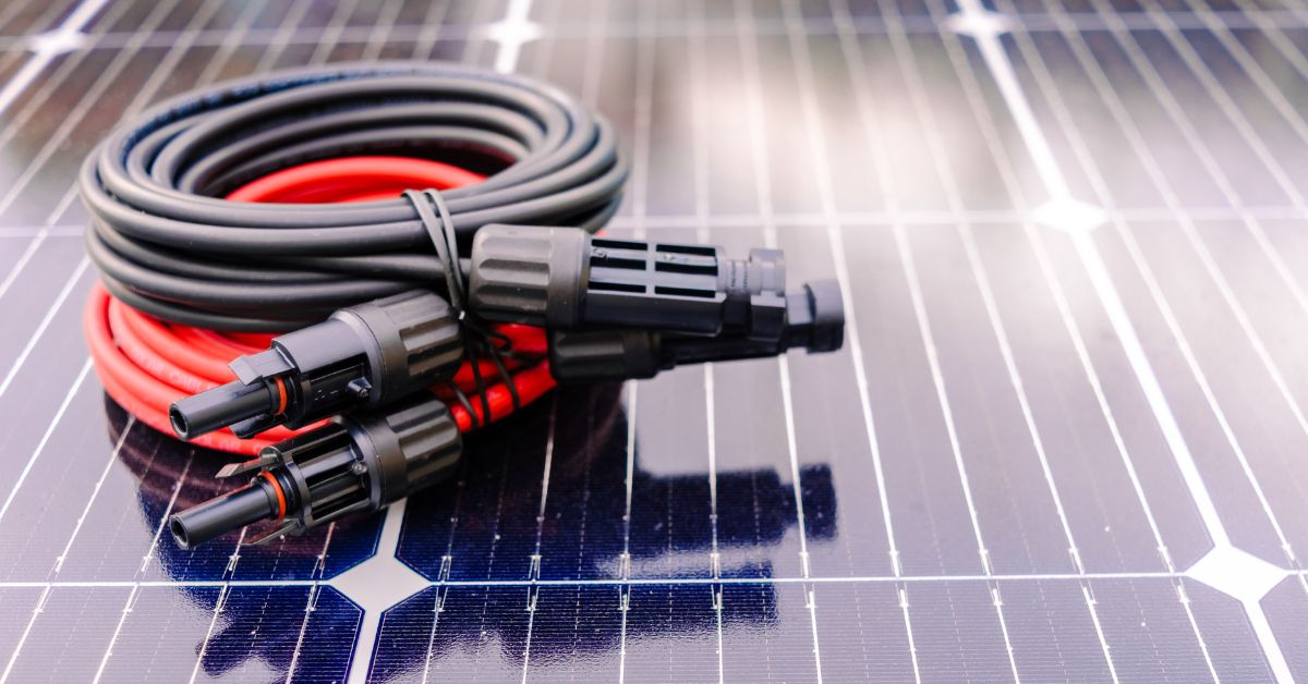 MC4 connectors and DC solar cables on a photovoltaic panel, illustrating voltage drop cable sizing for solar PV systems