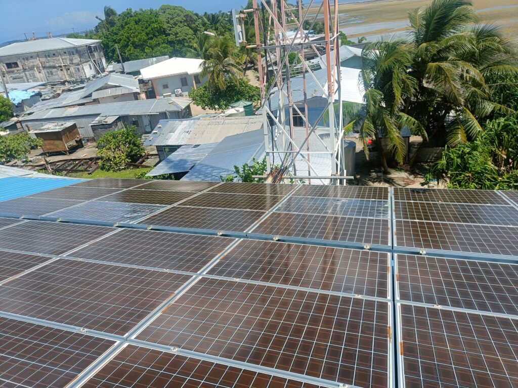 Deteriorated solar panel encapsulant from heat and UV exposure during Pacific island solar training site visit